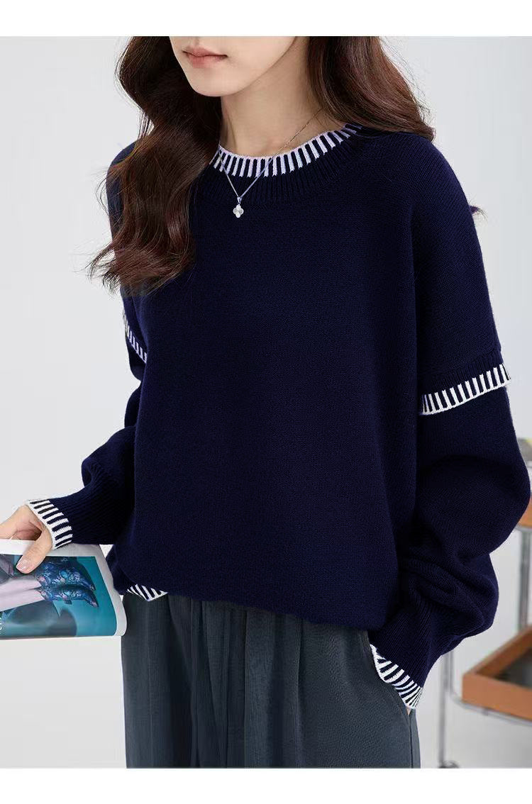 Damen lässiger Strickpullover mit breitem Rundhalsausschnitt und Übergangs-Streifenmuster Drune