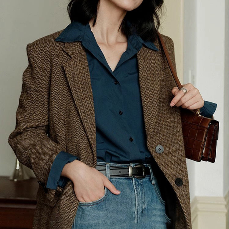 Damen Eleganter Herringbone Blazer Drune