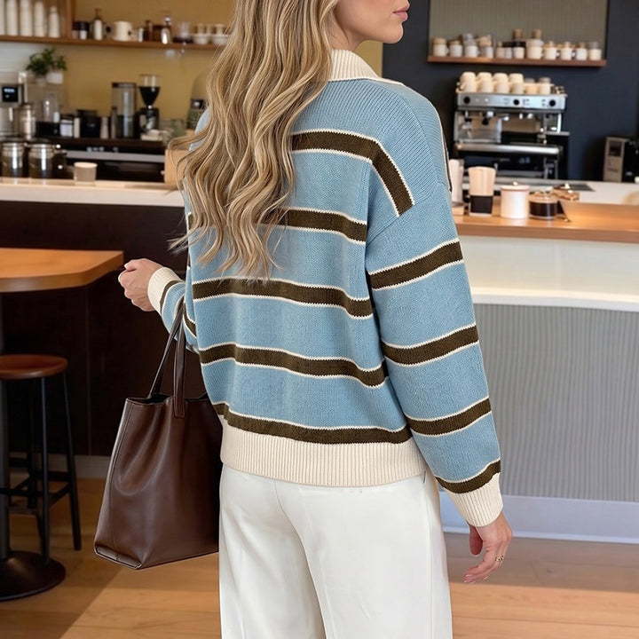 Damen Lässiges Streifenpullover mit Polokragen Drune