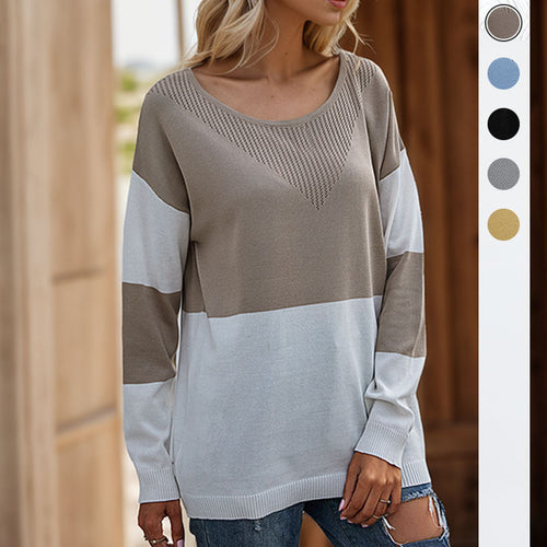 Damen Oversize Strickpullover mit Rundhals, Ajour-Dreieck und Blockstreifen Drune