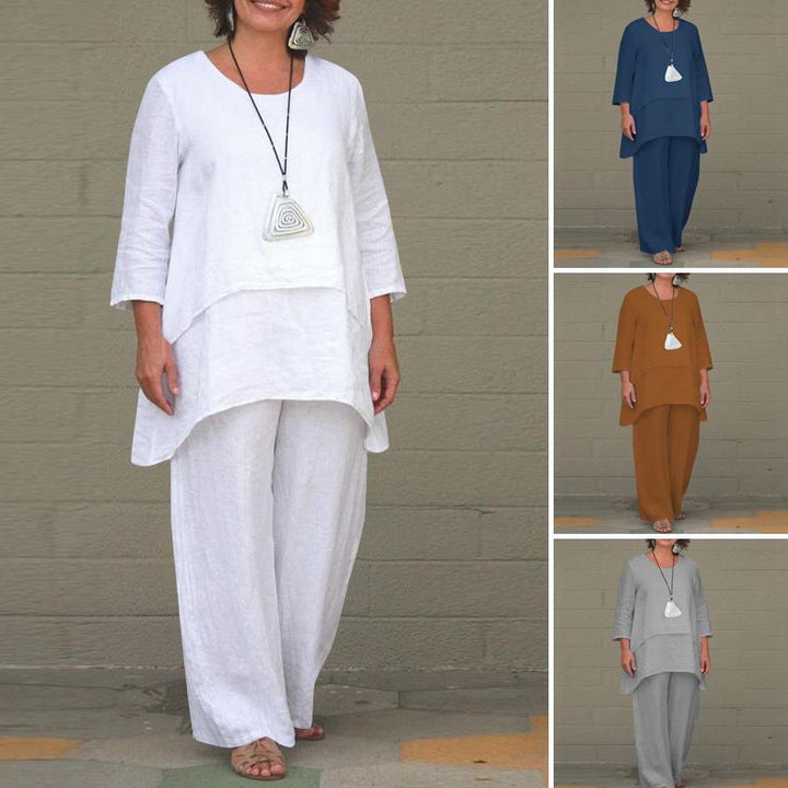 Damen Lässiges Zweiteiliges Leinen-Set mit Oversize-Tunika und weiter Palazzo-Hose Drune