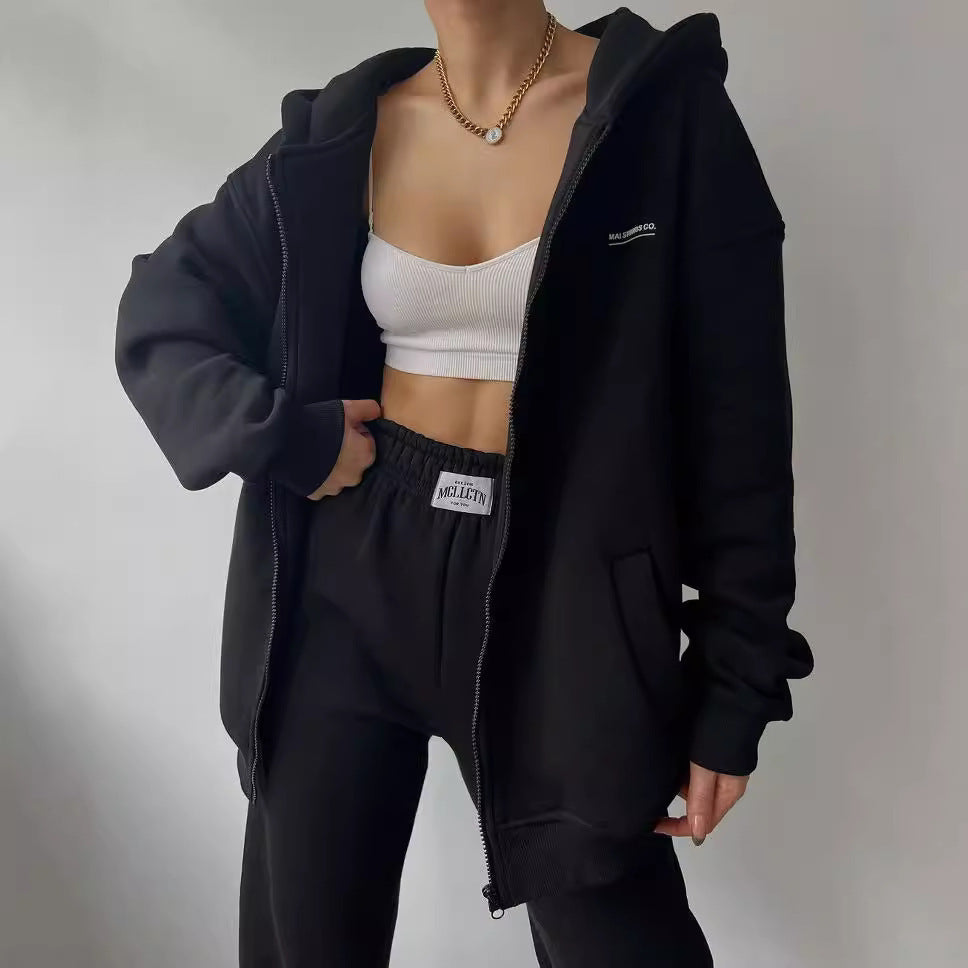 Damen lässiger und bequemer Kapuzenpullover mit Reißverschluss und Jogginghose-Set Drune