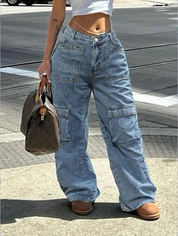 Damen Cargo-Jeanshose im weiten Baggy‑Cut mit hoher Taille und Utility‑Taschen Drune