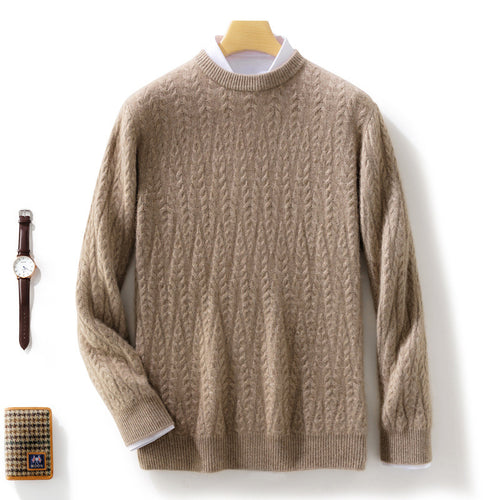 Herren gehobener Zopfstrickpullover mit Rundhals und Merino‑Mischung Drune