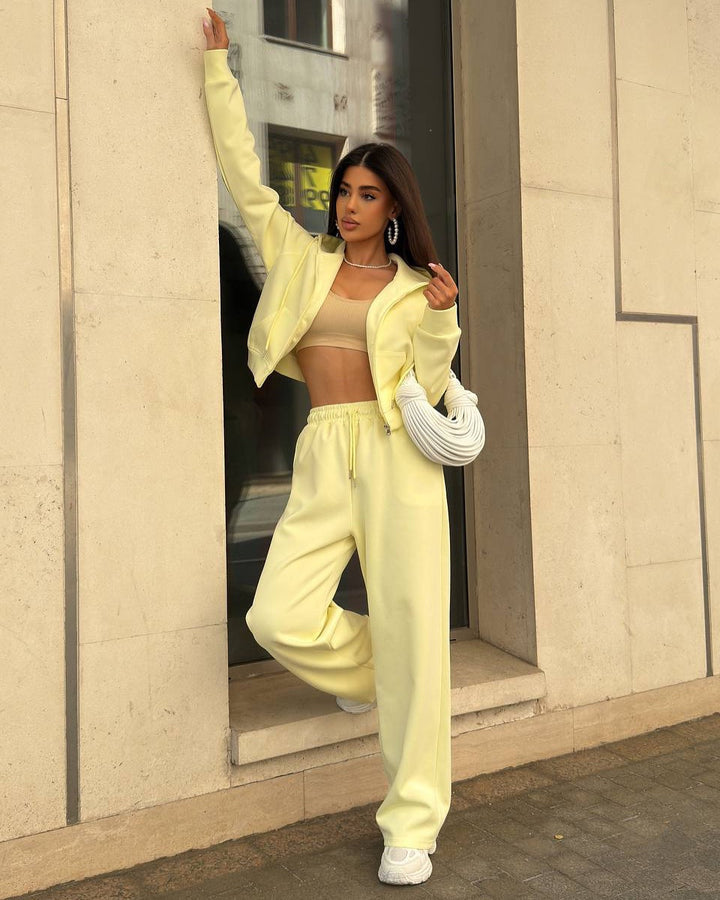 Damen trendiger Lounge-Anzug mit komfortablem Cropped Hoodie und weit geschnittenen Hosen Drune