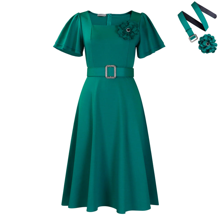 Damen Midi Kleid mit gerafftem Ausschnitt und breitem Gürtel Drune