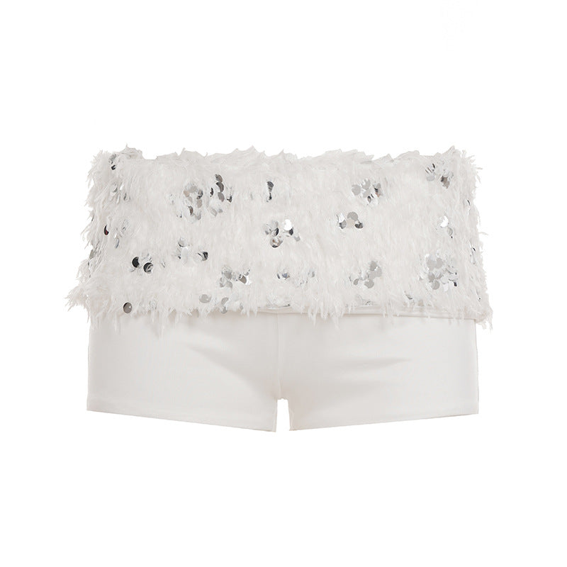 Damen schickes Oberteil und Shorts-Set mit funkelnden Pailletten und dekorativen Federn Drune