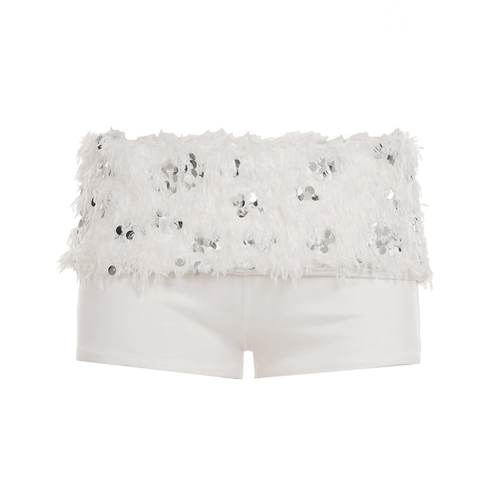Damen schickes Oberteil und Shorts-Set mit funkelnden Pailletten und dekorativen Federn Drune