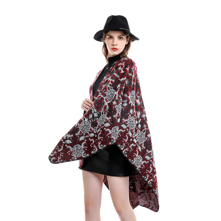 Damen Jacquard-Überwurfponcho im kastigen Kimono-Fall mit floral-animalischem Muster Drune