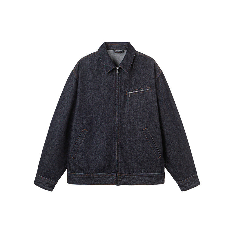 Herren Boxy-Denimjacke mit durchgehendem Reißverschluss, Brust-Reißverschlusstasche und Hemdkragen Drune
