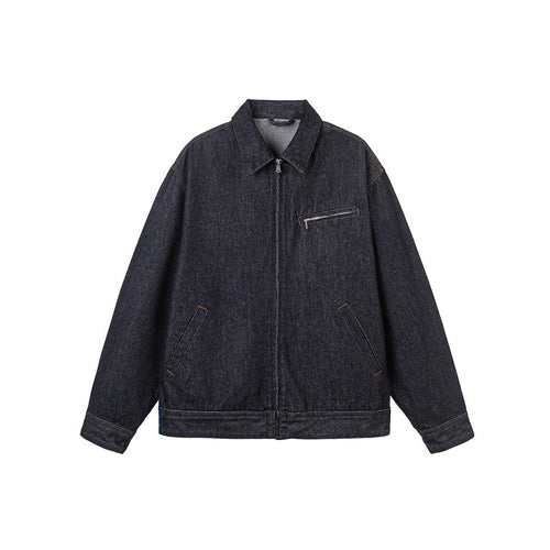 Herren Boxy-Denimjacke mit durchgehendem Reißverschluss, Brust-Reißverschlusstasche und Hemdkragen Drune
