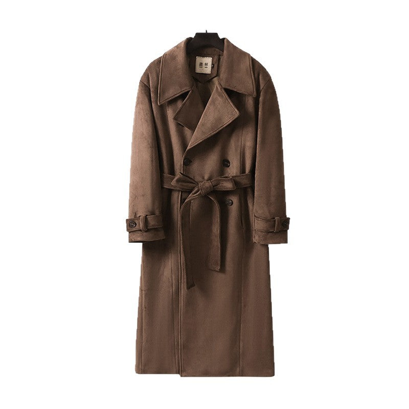 Herren Doppelreihiger Trenchcoat aus Velourslederimitat mit Taillengürtel und weitem Revers Drune