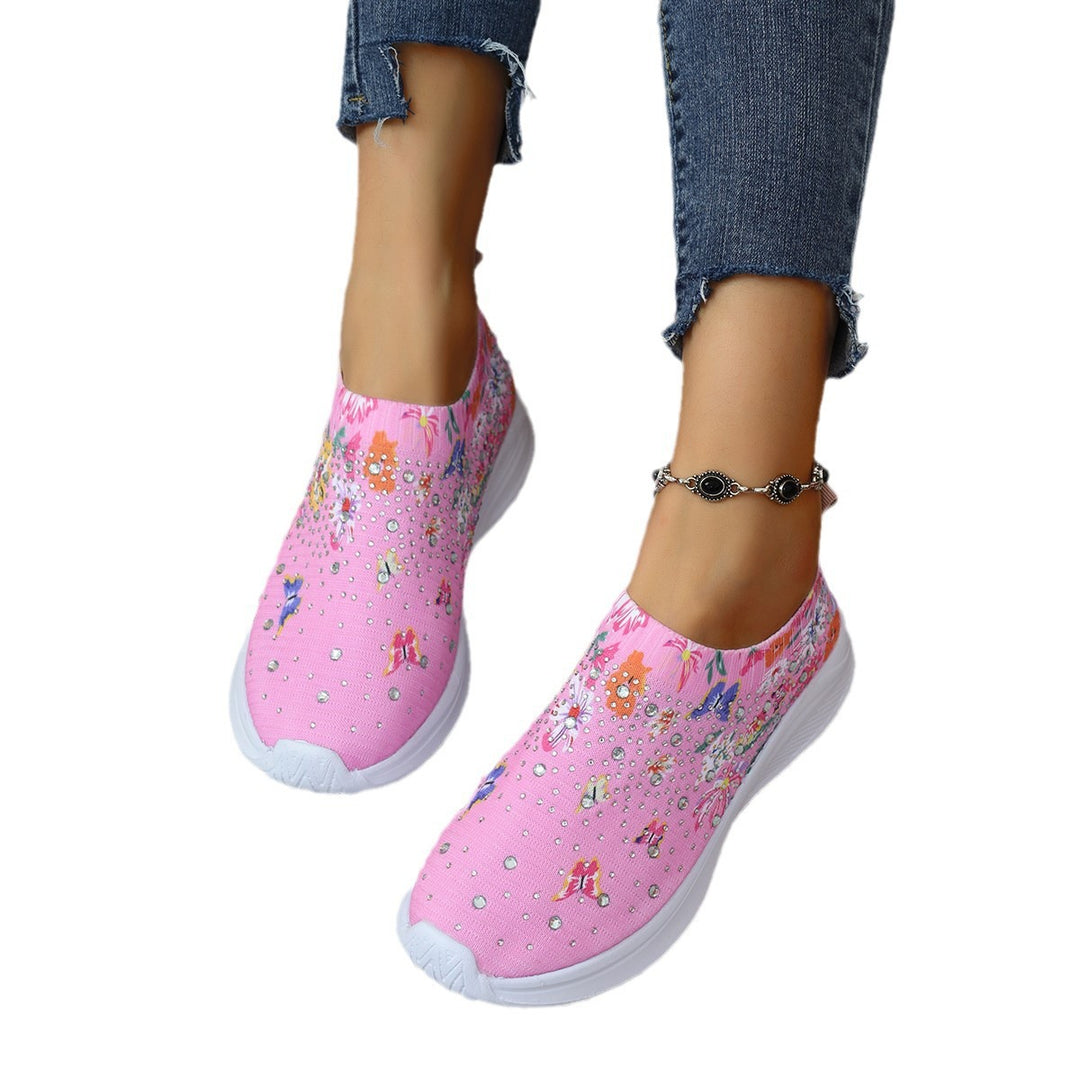 Damen Slip-On Strick-Sneaker mit elastischem Schaft, Blumenprint und Strassbesatz Drune