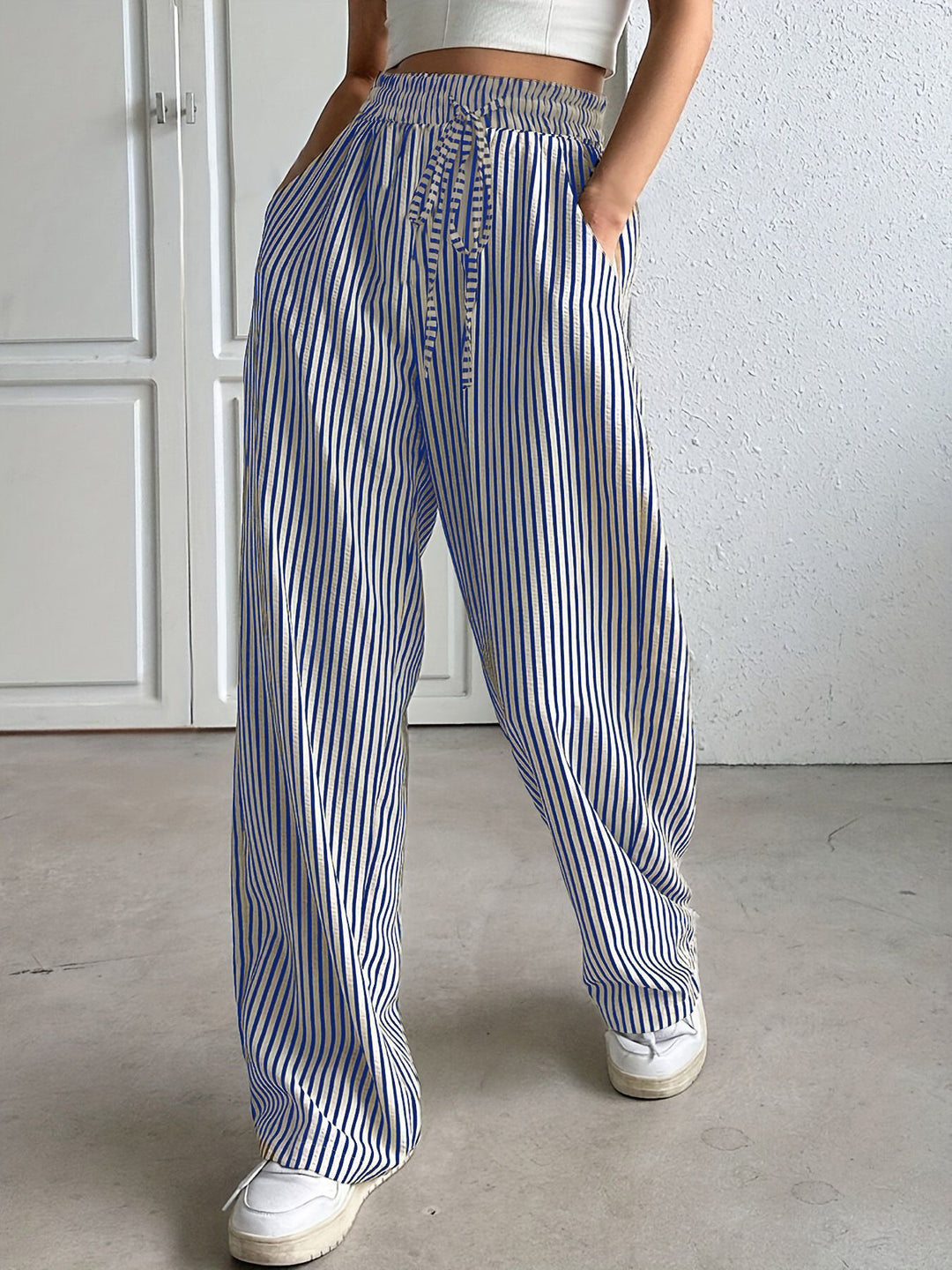 Damen Marlene-Streifenhose aus Leinenmix mit weitem Bein, Elastikbund und Kordelzug Drune