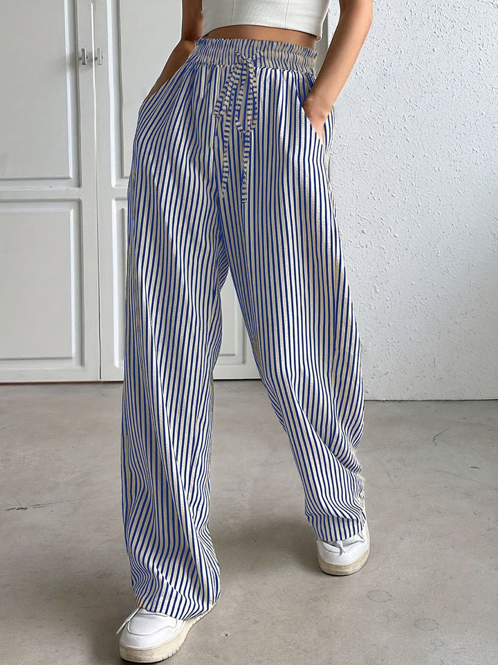 Damen Marlene-Streifenhose aus Leinenmix mit weitem Bein, Elastikbund und Kordelzug Drune