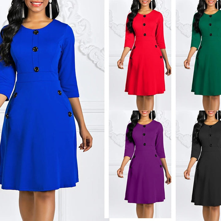 Damen Elegantes knieumspielendes Kleid mit Schmuckknöpfen und 3/4-Ärmeln Drune