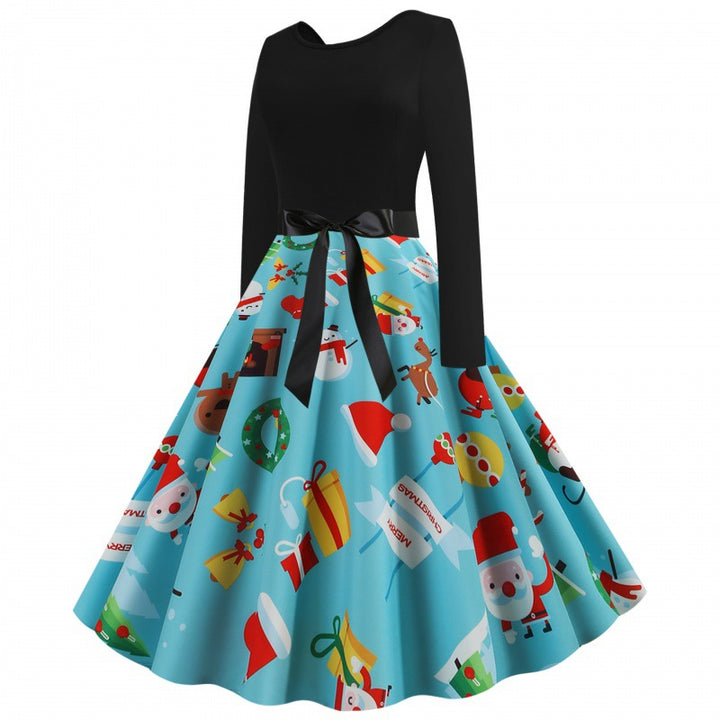 Damen Retro-Festkleid mit kontrastiertem Oberteil, ausgestelltem Tellerrock und Satintaillengürpe Drune