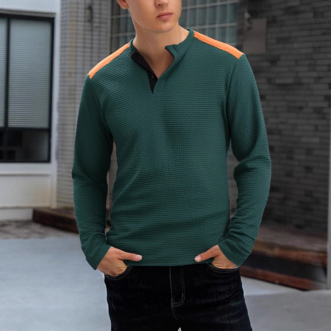 Herren strukturiertes Henley-Langarmshirt mit Stehkragen, Schulterpaspel und Waffelstruktur Drune