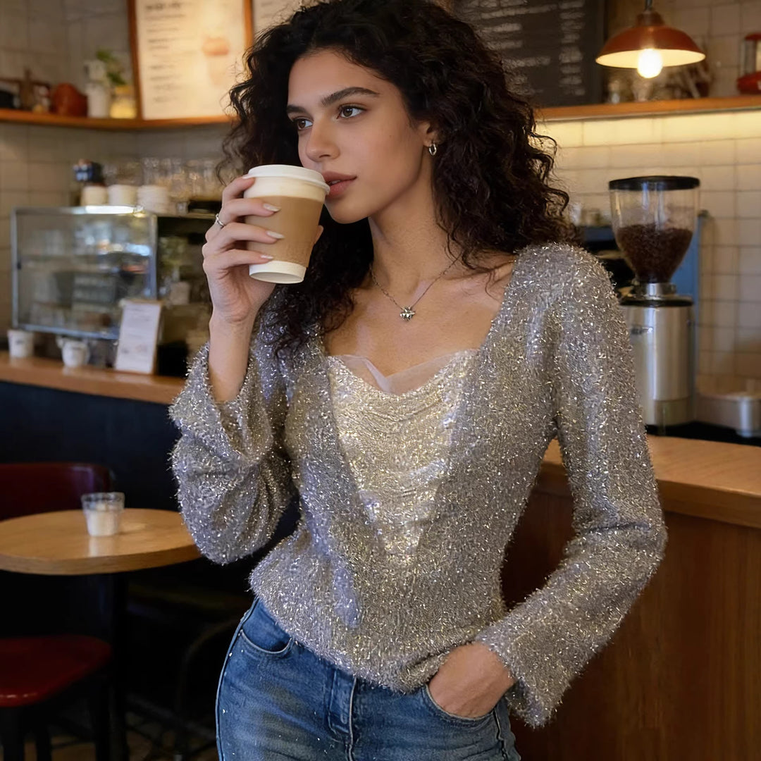 Damen Flauschiges Langarmshirt mit tiefem V‑Ausschnitt und Glitzer-Insert Drune