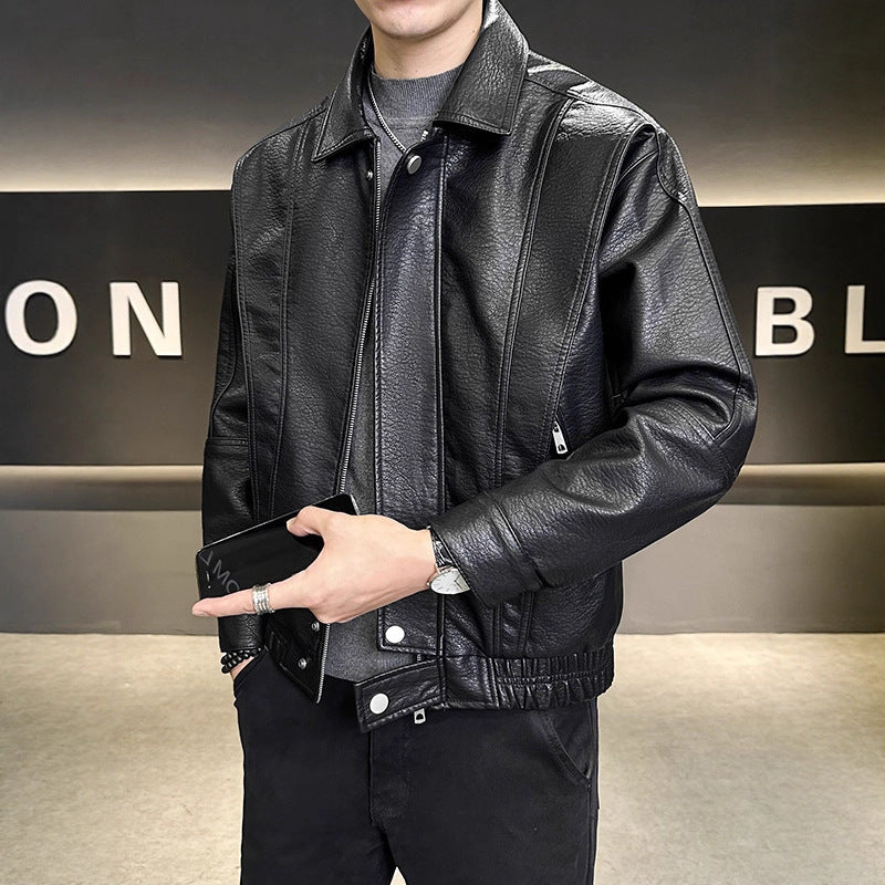 Herren Modische Kunstlederjacke mit hohem Kragen Drune