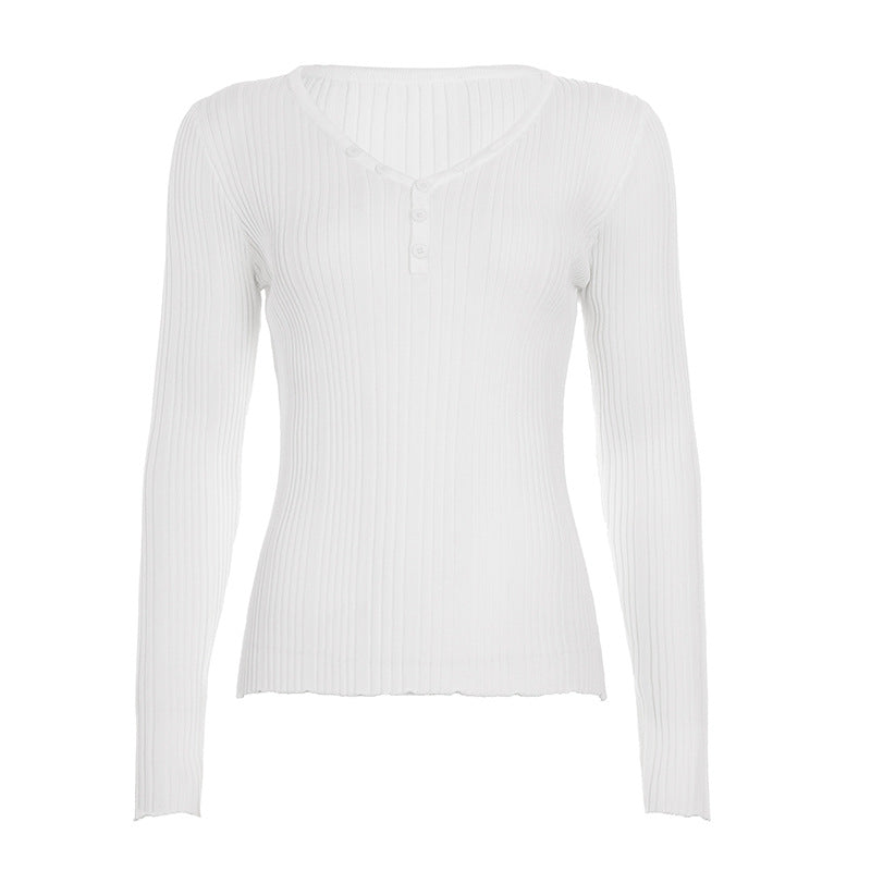 Damen nan feinstrukturierter Rippstrick-Longsleeve mit V-Ausschnitt, Henley-Knopfleiste und taillierter Passform Drune