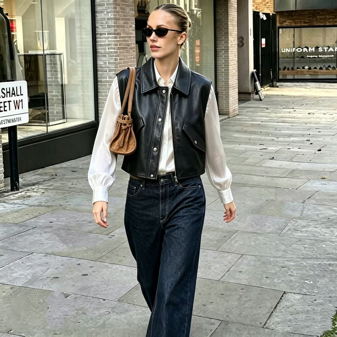 Damen Cropped Utility Weste aus Lederoptik mit Kragen, Ringzipper und aufgesetzten Pattentaschen Drune