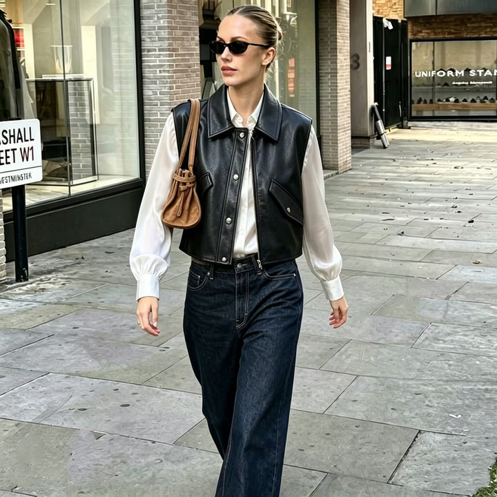 Damen Cropped Utility Weste aus Lederoptik mit Kragen, Ringzipper und aufgesetzten Pattentaschen Drune