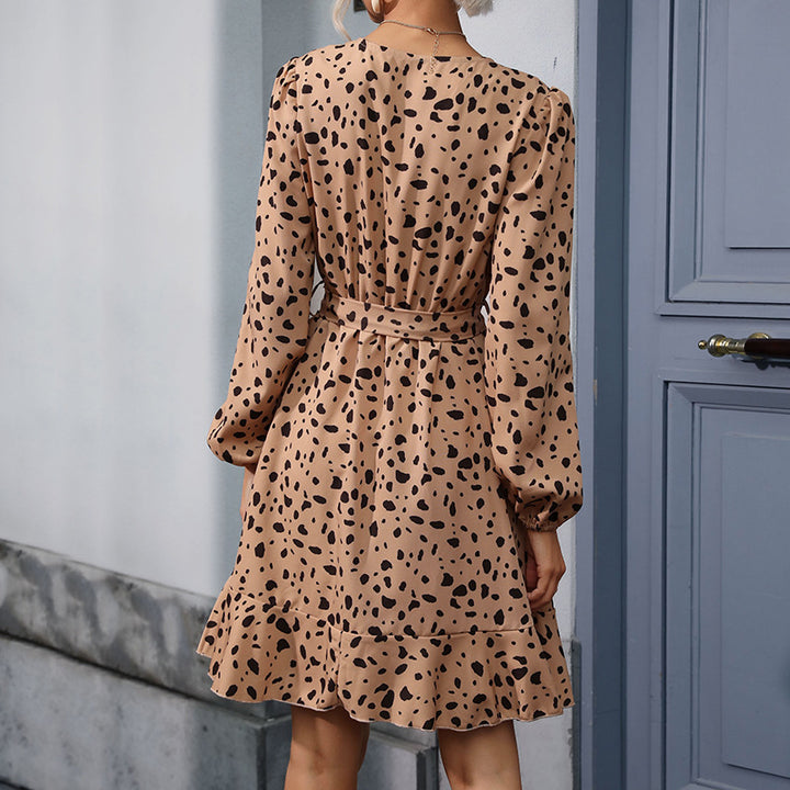 Damen Chiffon-Wickelkleid mit Animal-Print, V-Ausschnitt und Volantrock Drune