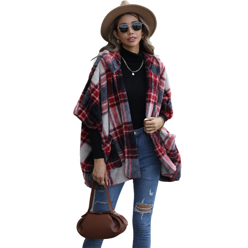 Damen Plüschige Karojacke mit großzügigen Taschen und offenem Design Drune