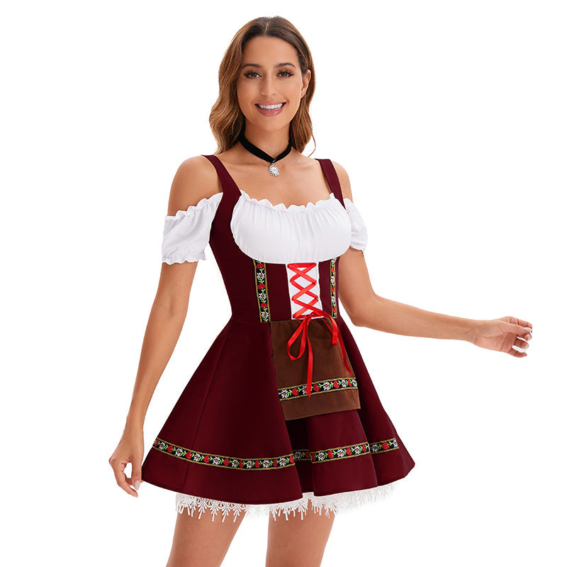Damen nan traditionelles Oktoberfest Dirndl Minikleid mit Schnürung und abnehmbarer Schürze Drune