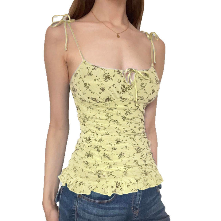 Damen luftiges Blumenmuster Top mit Rüschendetails und verstellbaren Trägern Drune
