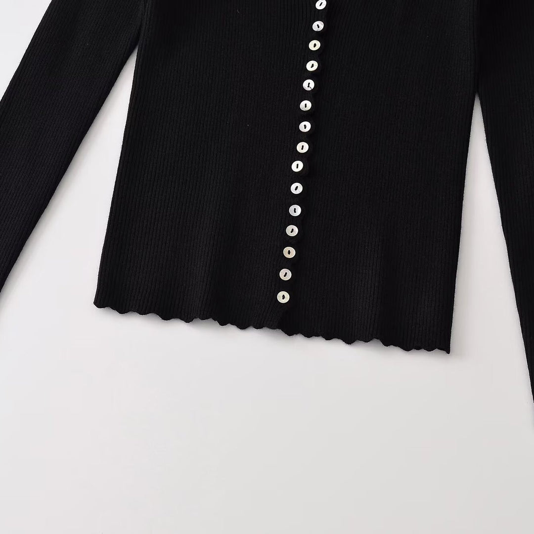 Damen Gerippter Knopfcardigan mit tiefem V-Ausschnitt und Wellensaum Drune