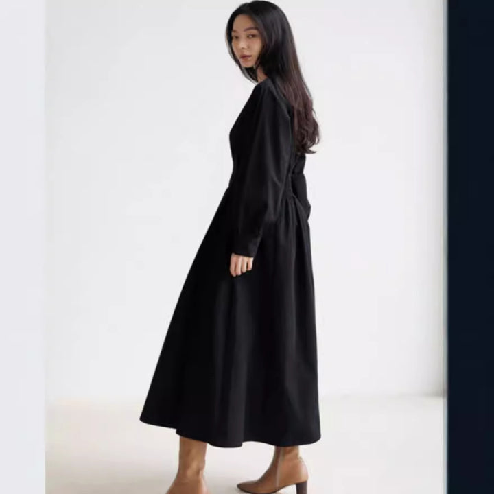 Damen Maxikleid mit Taillenabnähern, Rundhalsausschnitt und voluminösen Manschetten Drune