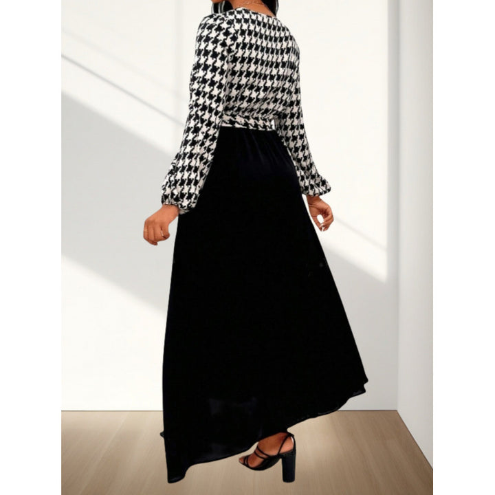 Damen Maxi-Kleid mit Kreuzverschluss und elegantem Hahnentrittmuster Drune