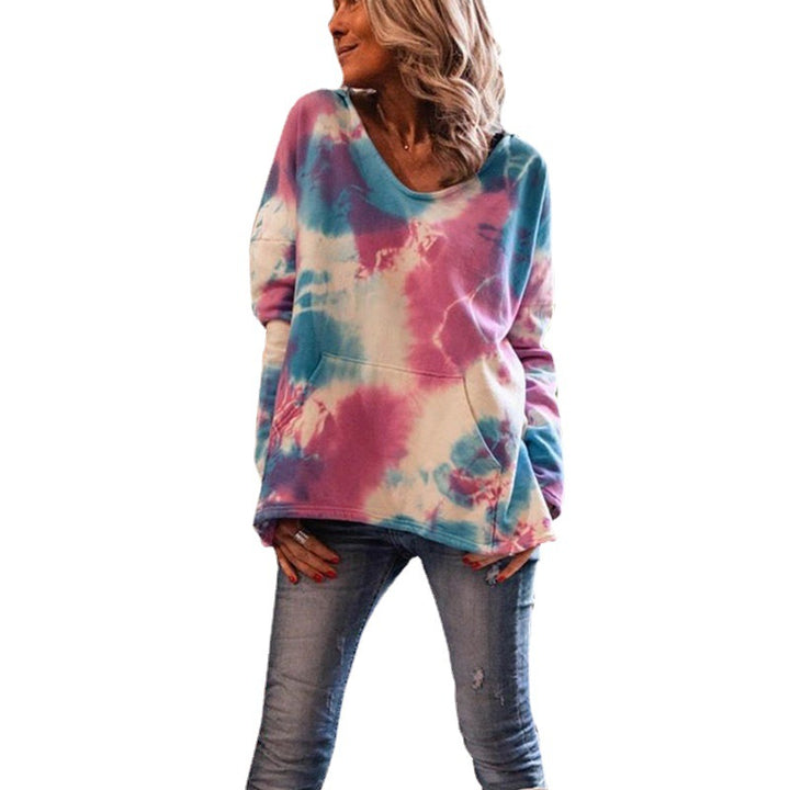 Damen Oversize Batik-Pullover mit V-Ausschnitt und Kängurutasche Drune