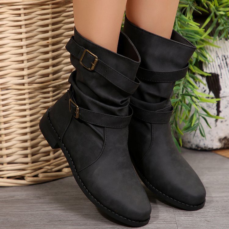 Damen nan lässige Slouch-Ankleboots mit zwei Zier-Riemen und dekorativen Metallschnallen Drune