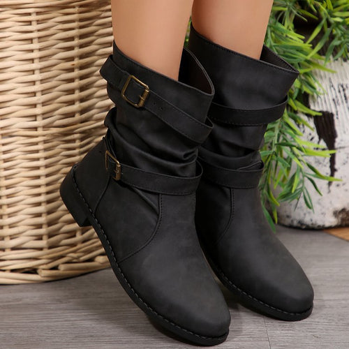 Damen nan lässige Slouch-Ankleboots mit zwei Zier-Riemen und dekorativen Metallschnallen Drune