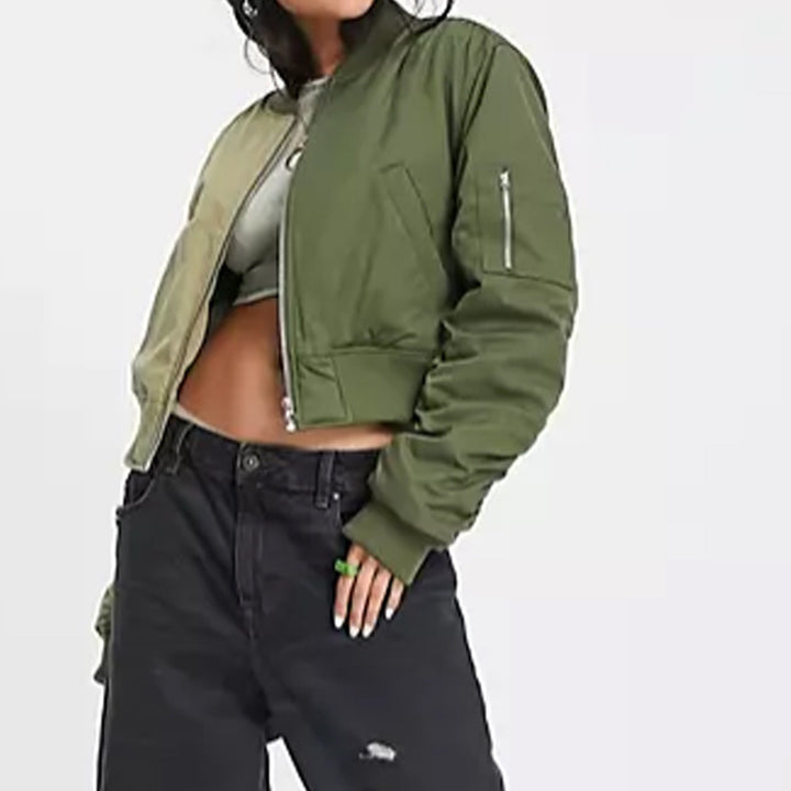 Damen modische Bomberjacke mit verspieltem Patchwork-Design und praktischen Reißverschlusstaschen Drune