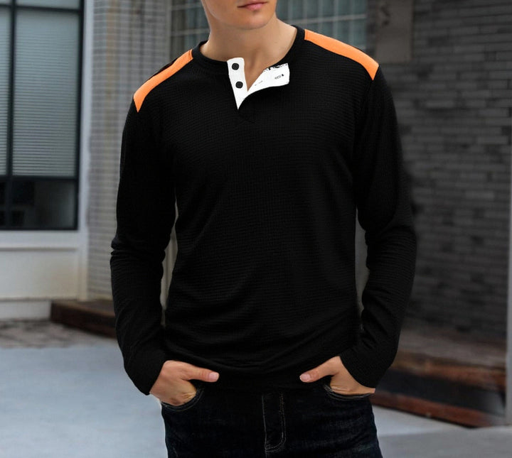 Herren strukturiertes Henley-Langarmshirt mit Stehkragen, Schulterpaspel und Waffelstruktur Drune