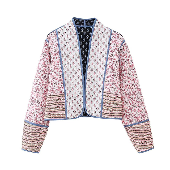 Damen Kurze gesteppte Patchwork‑Jacke mit Paisley‑ und Blumenprints, offener Kimono‑Schnitt und Kontrastpaspel Drune