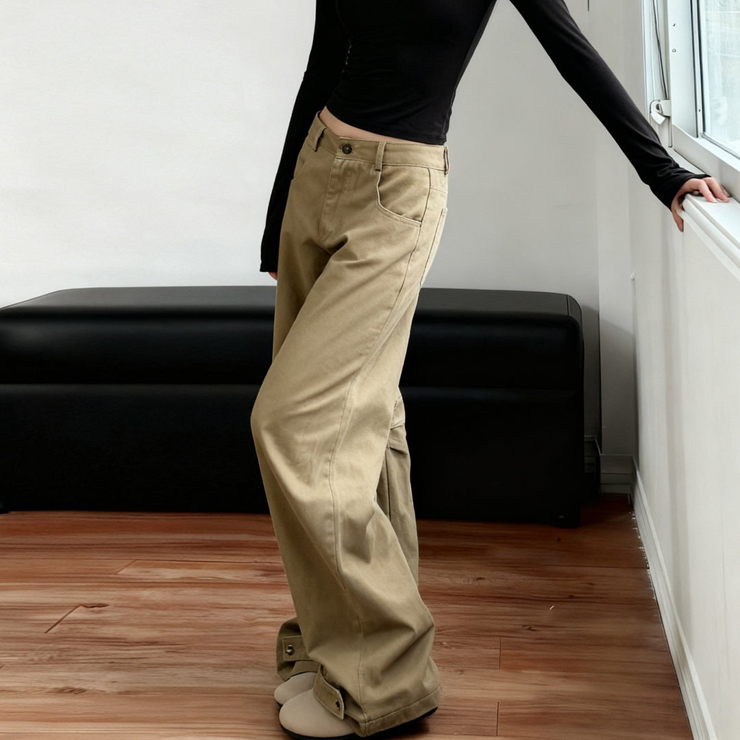 Damen Weite High‑Waist Schlaghose mit verstellbaren Knopfmanschetten und Knieabnähern Drune