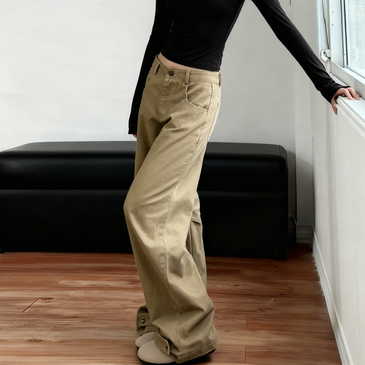 Damen Weite High‑Waist Schlaghose mit verstellbaren Knopfmanschetten und Knieabnähern Drune