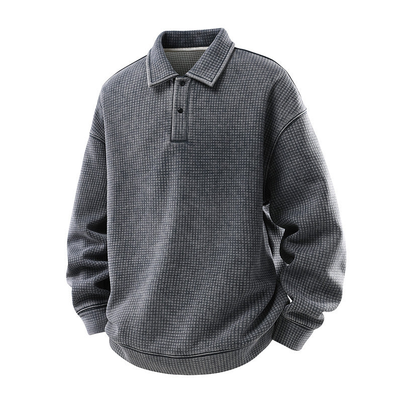 Herren Waffelstruktur-Poloshirtpullover mit Kragen und verdeckter Knopfleiste Drune