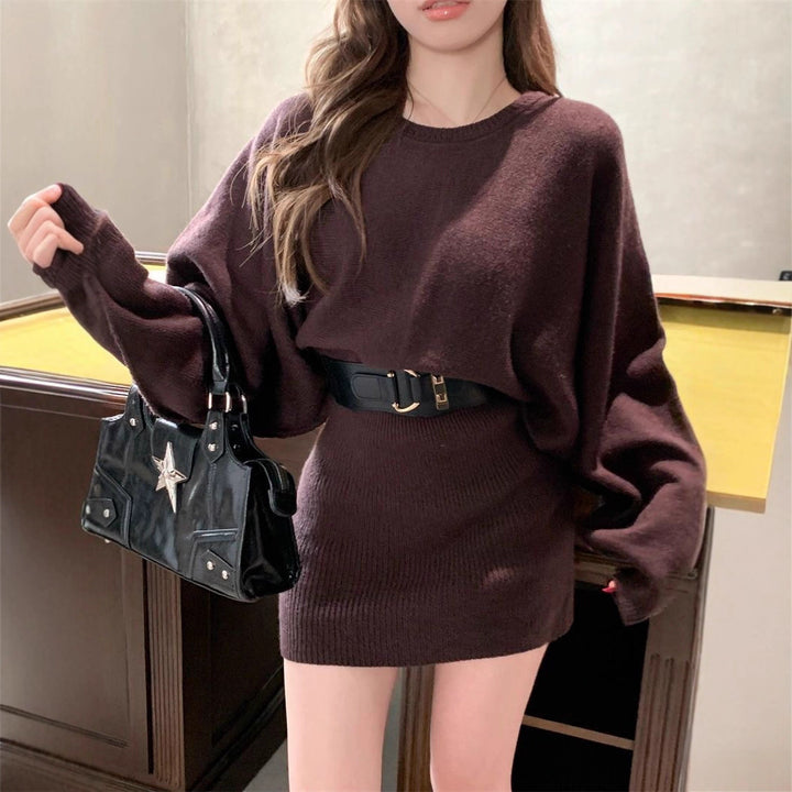 Damen Modisches Strickkleid mit weichem Material und breiten Ärmeln Drune