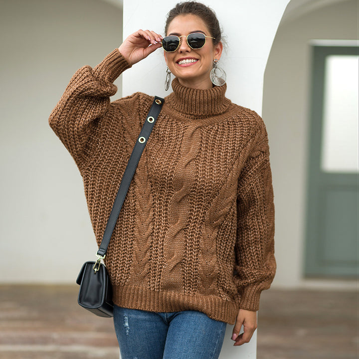 Damen Grobstrick Pullover mit hohem Kragen und strukturiertem Zopfdesign Drune