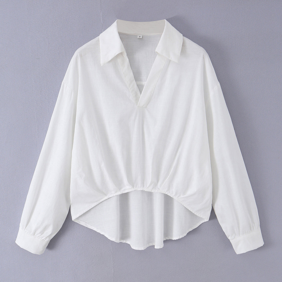 Damen nan lockere Baumwollbluse mit V-Ausschnitt, Hemdkragen und gerafftem Zipfelsaum Drune