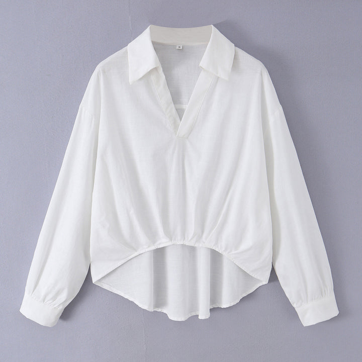 Damen nan lockere Baumwollbluse mit V-Ausschnitt, Hemdkragen und gerafftem Zipfelsaum Drune