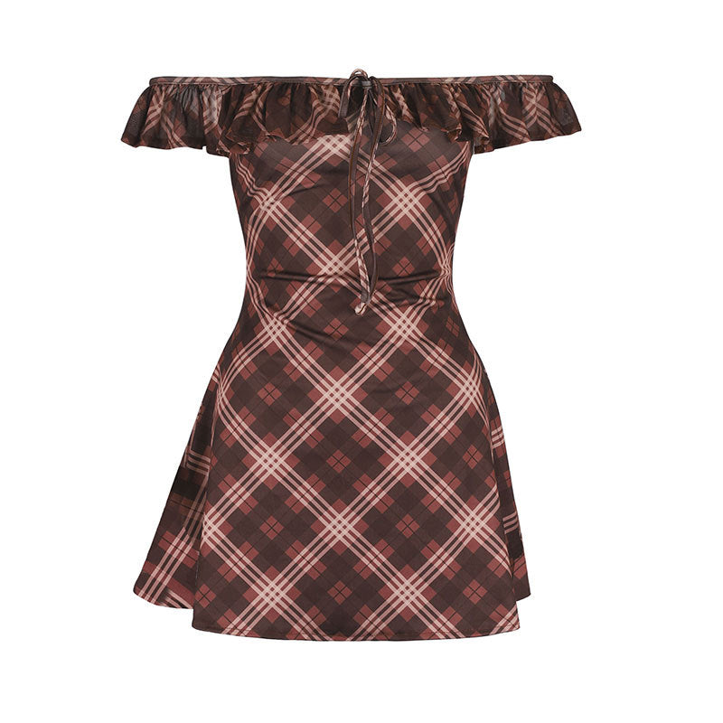 Damen Off-Shoulder Minikleid mit verspieltem Rüschensaum und kariertem Design Drune