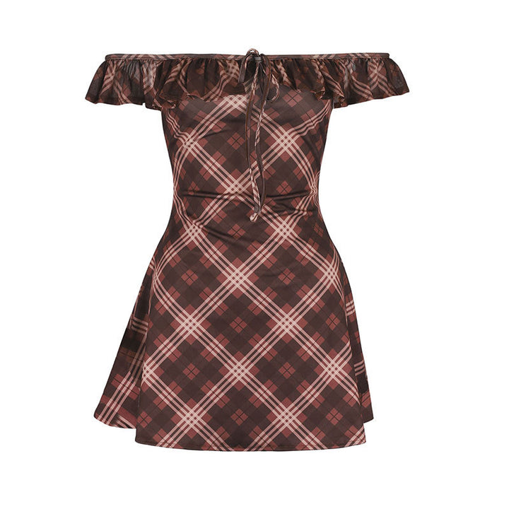 Damen Off-Shoulder Minikleid mit verspieltem Rüschensaum und kariertem Design Drune