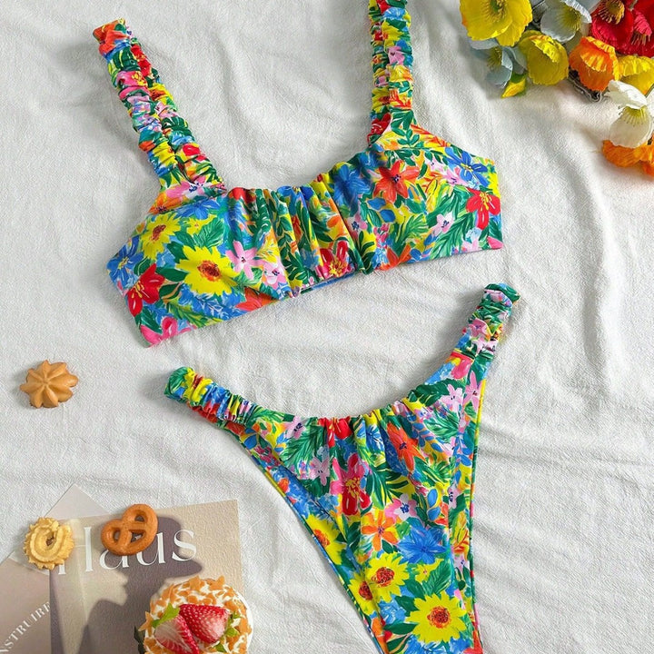 Damen Hauchdünner Floral-Bikini mit elastischen Rüschen Drune